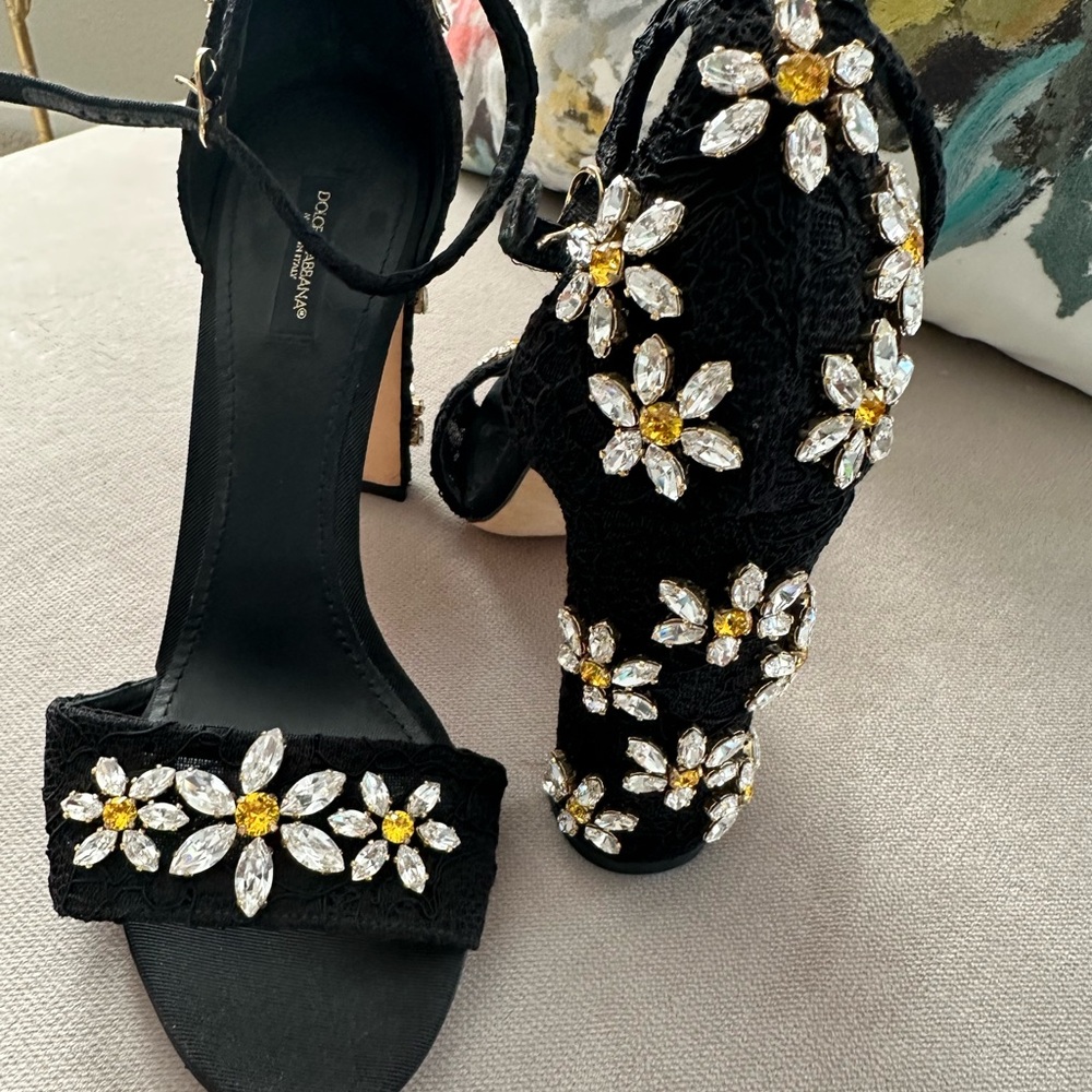 Dolce & Gabbana Black Heels with Crystal and Gold Accents